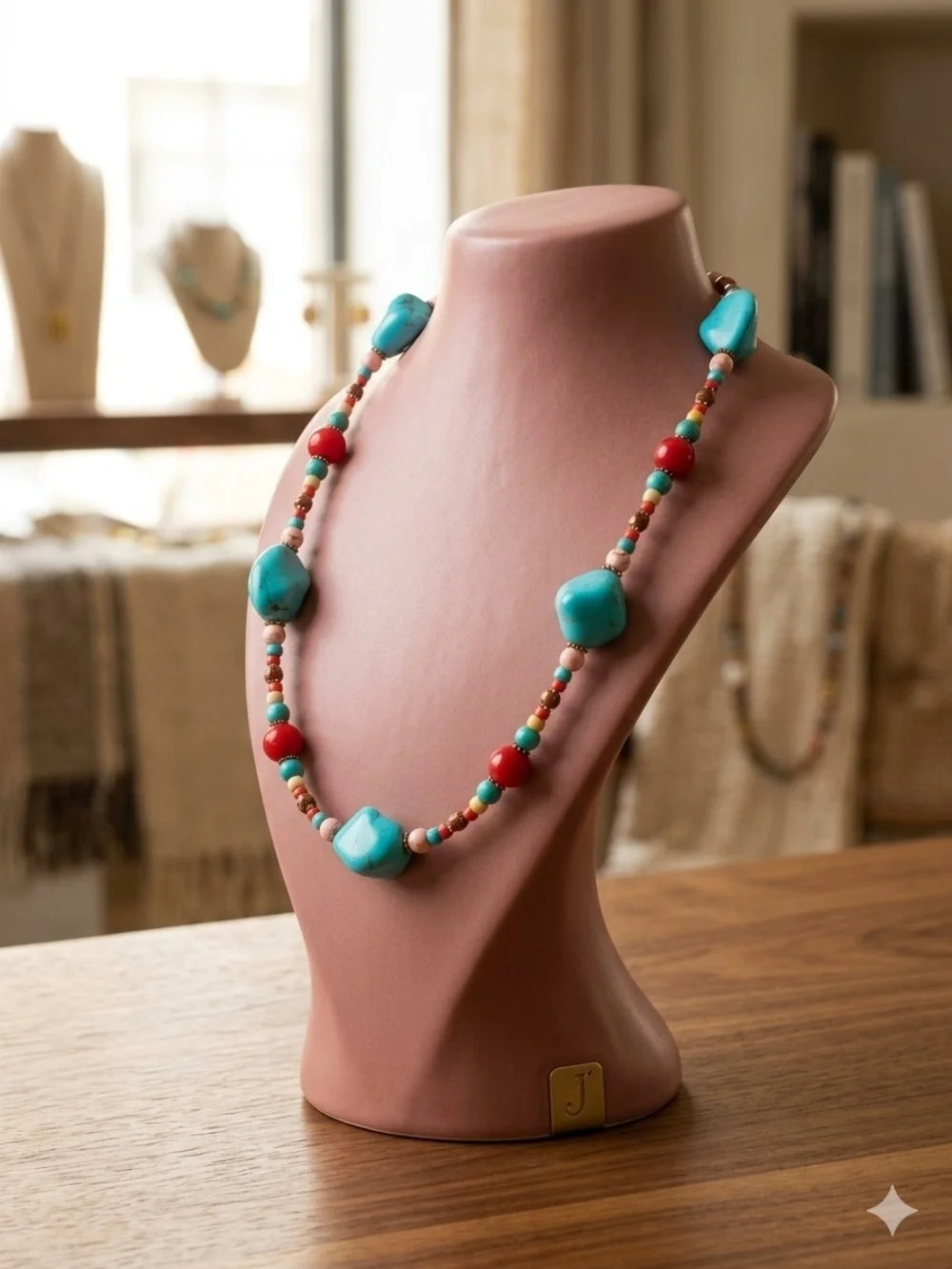 Handmade              Turquoise & Red Beaded Necklace - Women Jewelry
